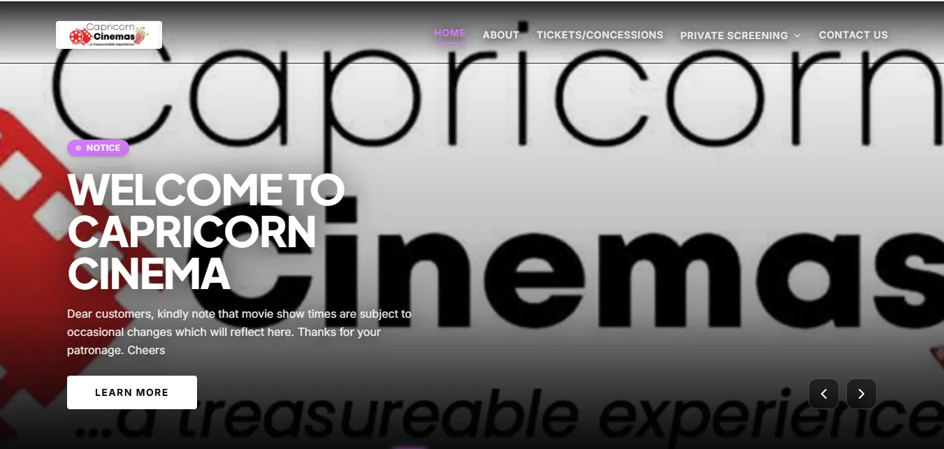 capricorn cinema website development homepage developed by TuhamWorld CC