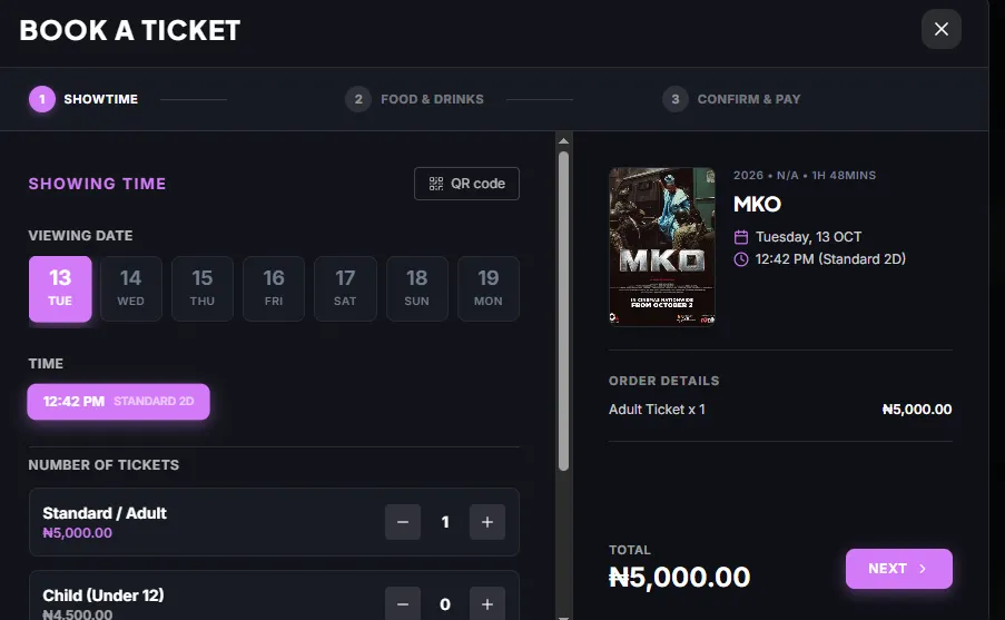 ticket-booking interface on the Capricorn Cinema website