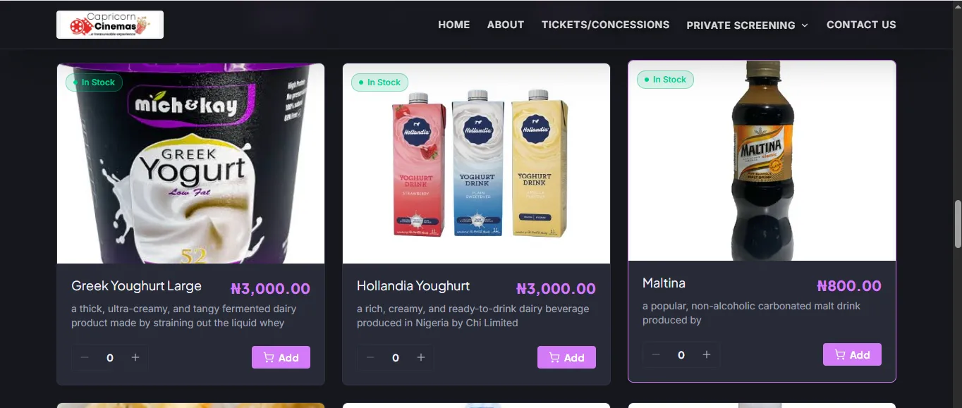 food-ordering interface on the Capricorn cinema website