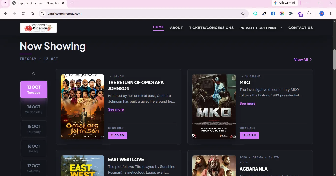 movie listings and showtimes on the capricorn cinema website